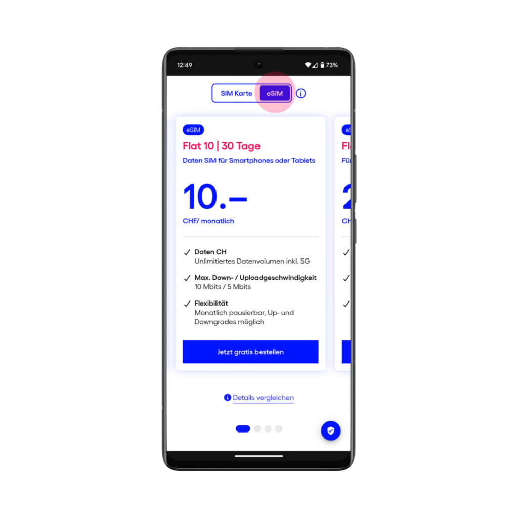 eSIM Tarifauswahl von Digital Republic mit dem eSIM-Toggle auf der Website. Geöffnet auf einem Smartphone