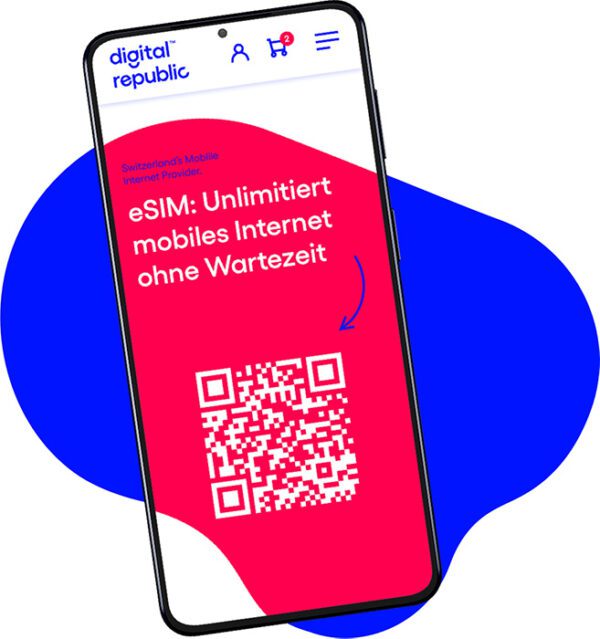 Smartphone mit geöffneter eSIM Seite von Digital Republic. Die Seite zeigt einen QR Code und verspricht Unlimitiert mobiles Internet ohne Wartezeit