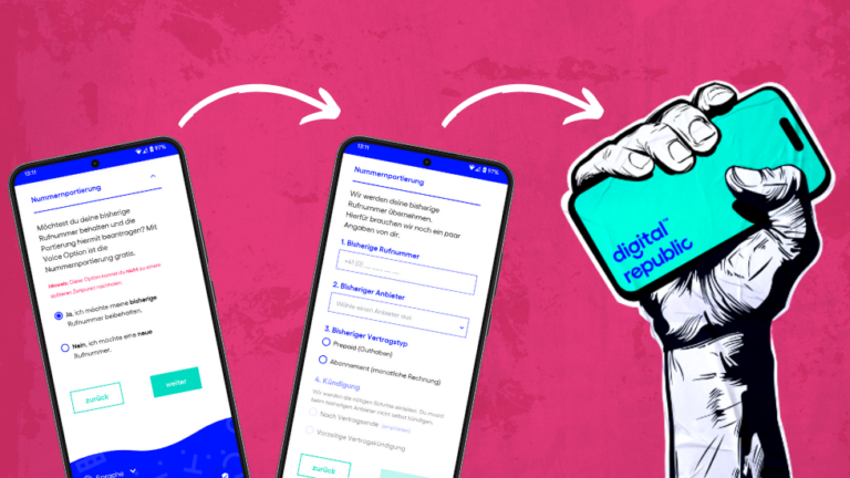 Die Nummernportierung zu Digital Republic erklärt mit Smartphones und Screenshots