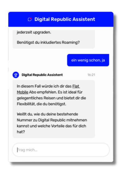 Der KI-Assistent von DIgital Republic gibt Auskunft über das passendste Handy Abo